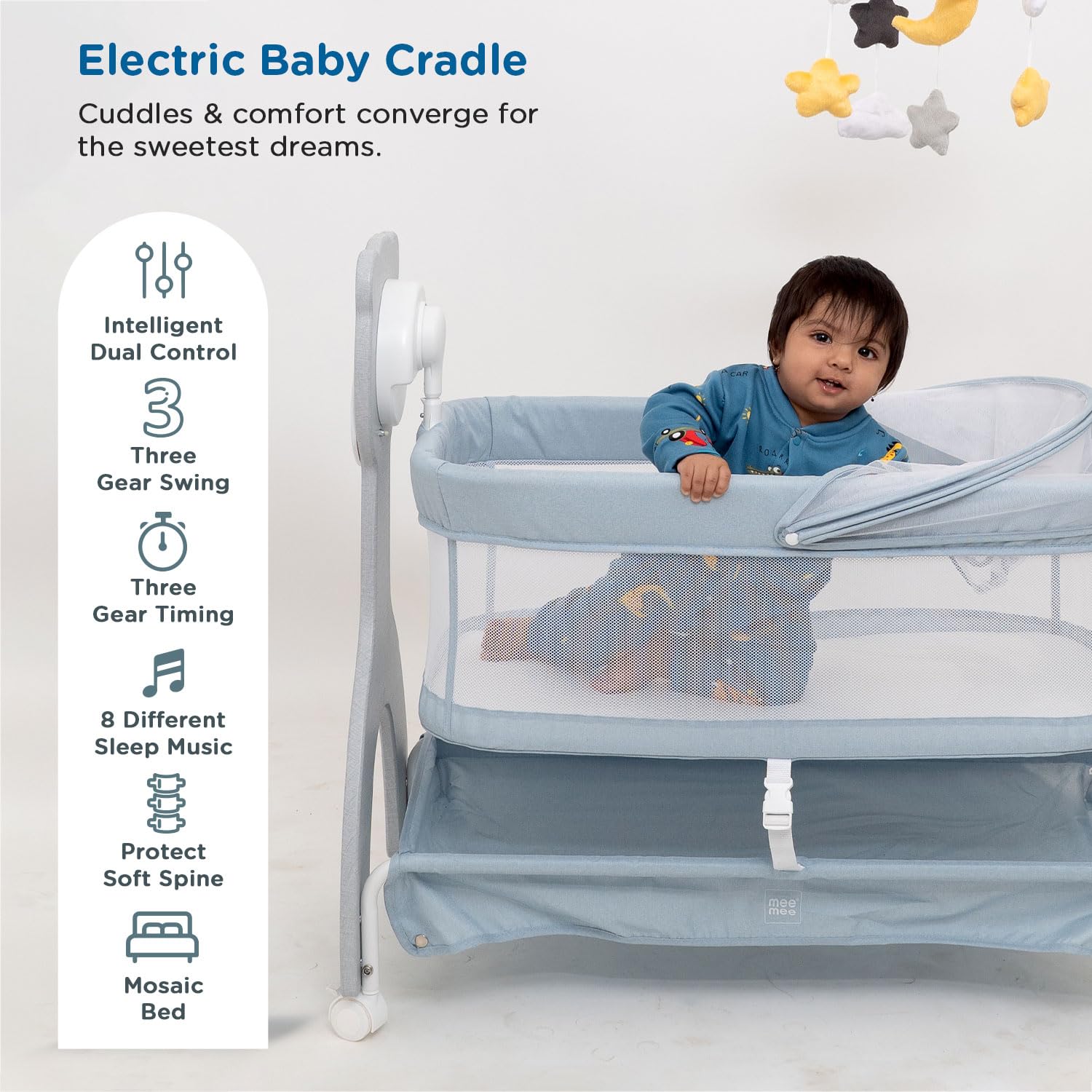 Electric baby cradle with a child inside, featuring text and icons on the left side.